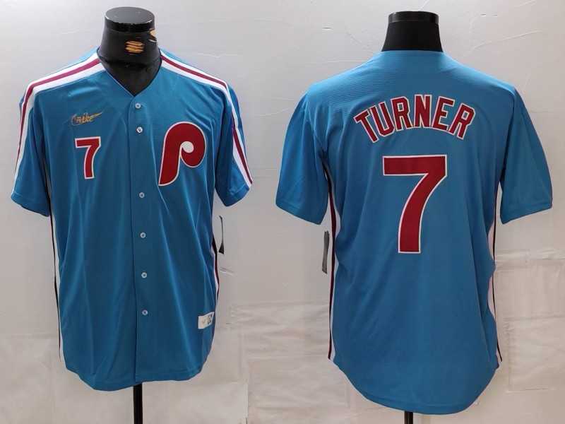 Mens Philadelphia Phillies #7 Trea Turner Number Blue Cooperstown Throwback Cool Base Nike Jersey